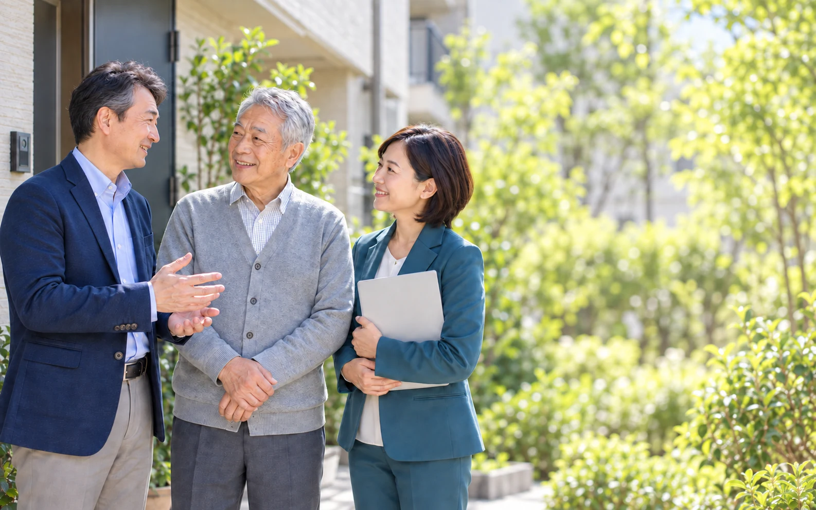 住まいの玄関で入居者と話す大家さんと管理会社の方