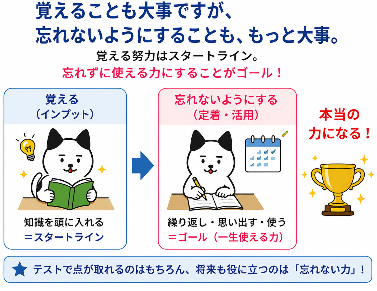 覚えることをスタートライン、忘れないようにすることをゴールとして説明する図