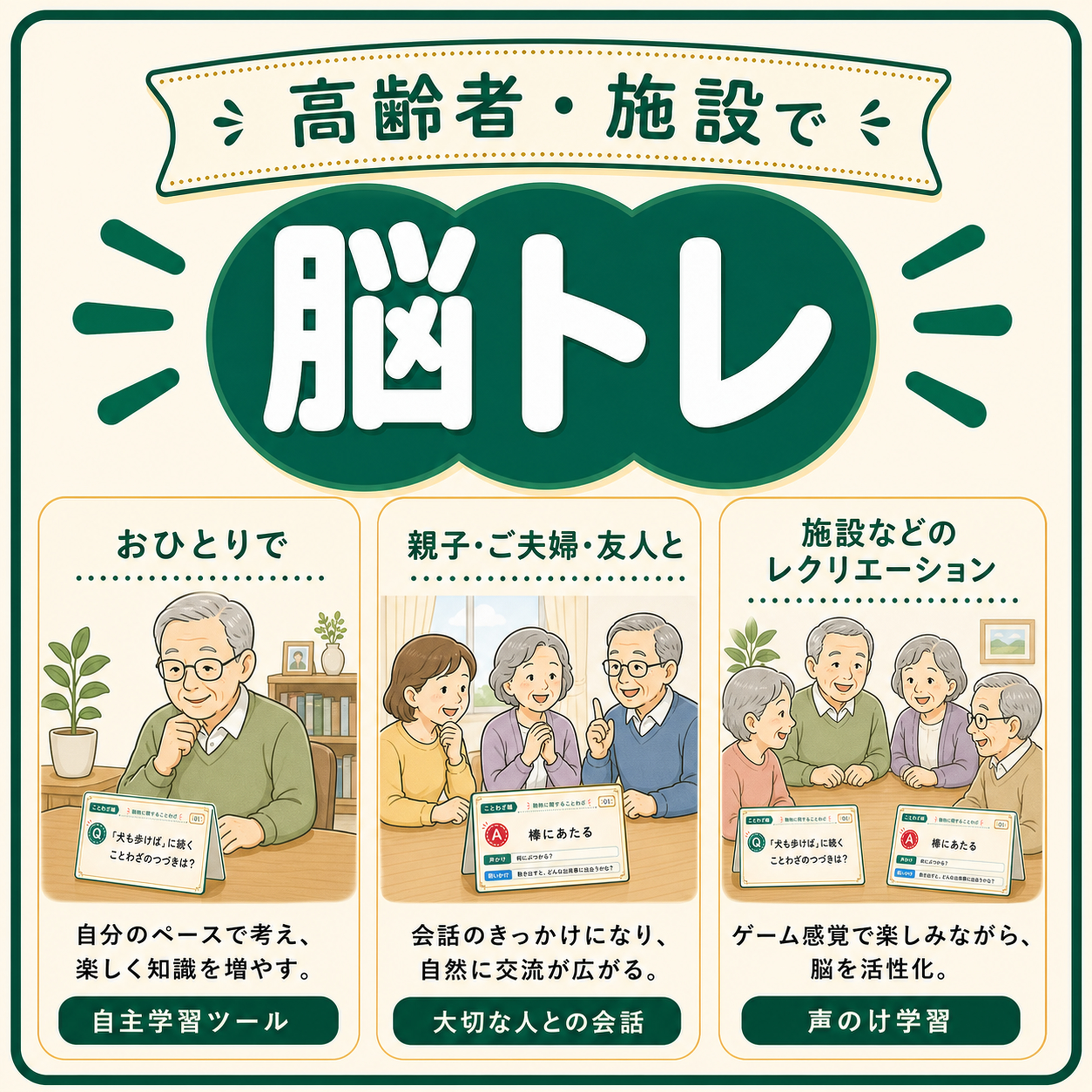 高齢者・施設での脳トレ：おひとりで・親子やご夫婦、友人と・施設などのレクリエーション