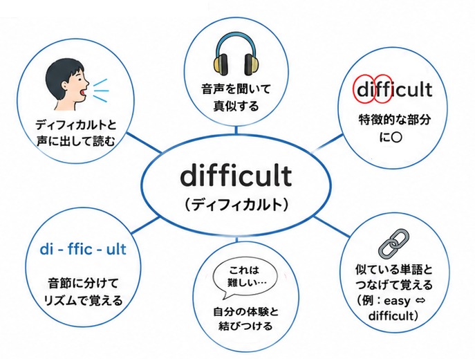 英単語を音読、真似、分解、連想で結びつけて覚える図